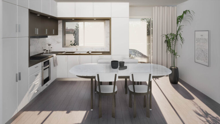 Φωτορεαλιστική απεικόνιση κουζίνας που δείχνει την διαρρύθμιση τα υλικά και τα έπιπλα
