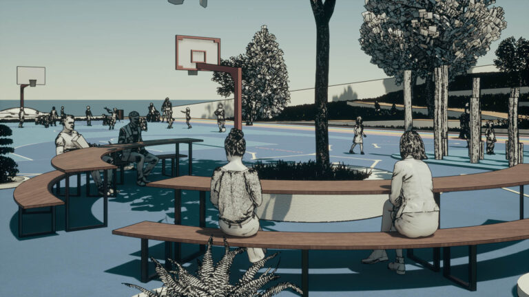 Render που δείχνει το σχεδιασμένο υπαίθριο καθιστικό αριστερά της εισόδου της σχολικής αυλής στον Νικηφόρο Δράμας