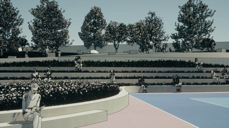 Render που απεικονίζει τις κερκίδες που σχεδιάστηκαν για την σχολική αυλή