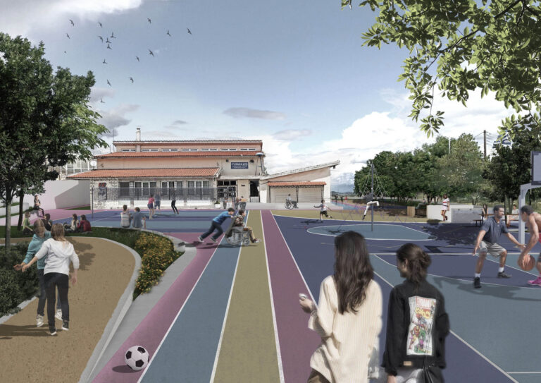 Φωτορεαλιστική άποψη της εισόδου της αυλής στο σχολείο του Νικηφόρου στην Δράμα