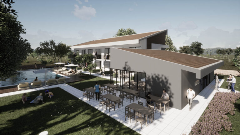 Render που δείχνει τον χώρο υποδοχής και το εστιατόριο