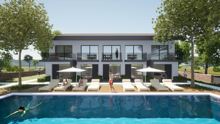 render εξωτερική άποψη του ξενοδοχείο και όψη από την πισίνα