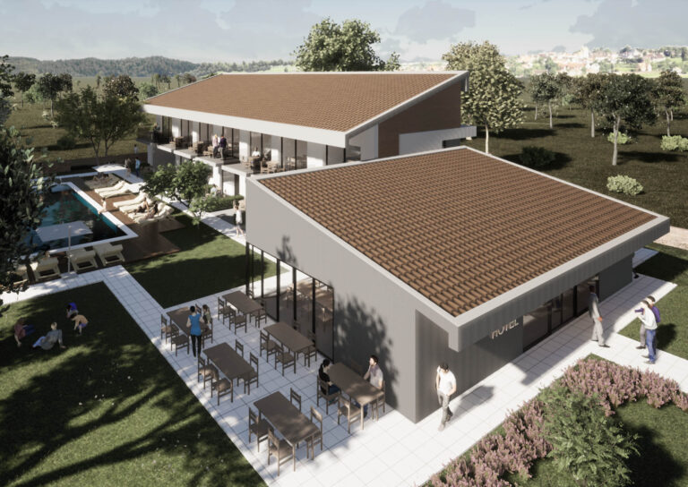 render πανοραμική άποψη του ξενοδοχείου και της ρεσεψιόν