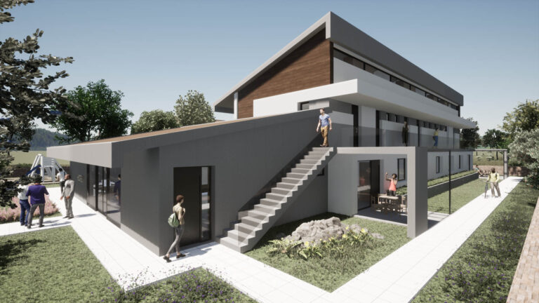 Render πίσω όψης του ξενοδοχείου με τις εισόδους στα δωμάτια