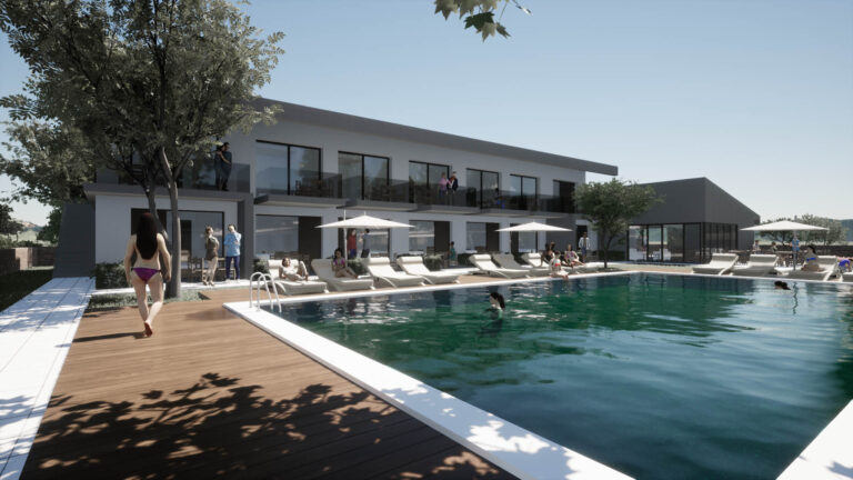 Render που δείχνει την εξωτερική άποψη του ξενοδοχείου από την μεριά της πισίνας