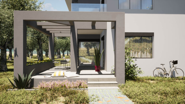 Render που δείχνει λεπτομέρεια της βεράντας με την πέργκολα, στην μονοκατοικία στην Χαλκιδική