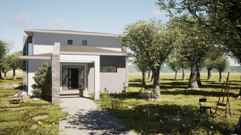 Render εισόδου της εξοχικής κατοικίας στην Χαλκιδική