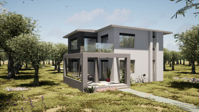 Render από την κυριώς όψη της εξοχικής κατοικίας