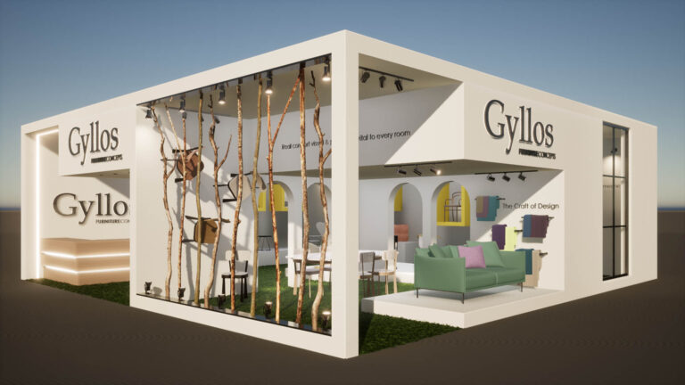 Render εξωτερικής άποψης του εκθεσιακού περιπτέρου όπου φαίνονται οι δύο όψεις με τον διάτρητο τοίχο φτιαγμένο από κορμούς δέντρου και στις στερεωμένες καρέκλες στον κάθετο σε αυτόν τοίχο