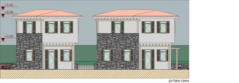 Γραμμική χρωματική μπροστά όψη του κτιρίου όπου φαίνεται και η επιλογή των υλικών