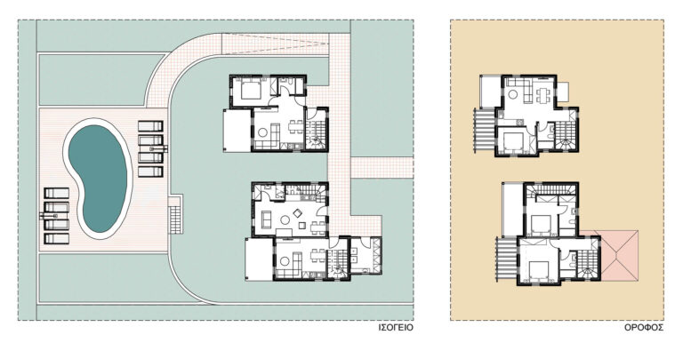 Χρωματικές κατόψεις της εξοχικής κατοικίας όπου φαίνεται η διαρρύθμιση των χώρων