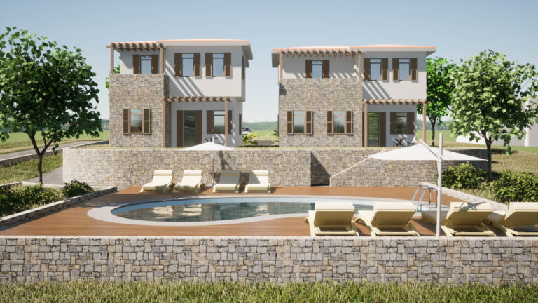 Φωτορεαλιστική απεικόνιση της εξοχικής κατοικίας όπου φαίνονται οι δύο κτιριακοί όγκοι και η πισίνα
