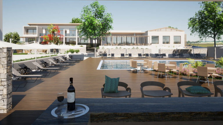 Άποψη του χώρου με τις πισίνες όπως φαίνεται από το υπαίθριο μπαρ. Στο βάθος εμφανίζεται το υπόλοιπο συγκρότημα