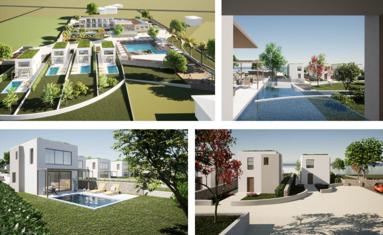 Κολάζ φωτογραφιών που παρουσιάζουν απόψεις από τις σουίτες και μια πανοραμική άποψη που τις τοποθετεί στον χώρο