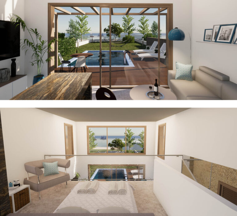 κολάζ εικόνων που παρουσιάζουν εσωτερικές απόψεις από το ισόγειο και το πατάρι στις σουίτες