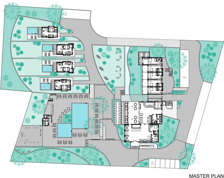 Γραμμικό σχέδιο διαμόρφωσης του οικοπέδου σε κάτοψη, όπου εμφανίζονται οι κτιριακές μονάδες, οι φυτεύσεις και οι διαδρομές