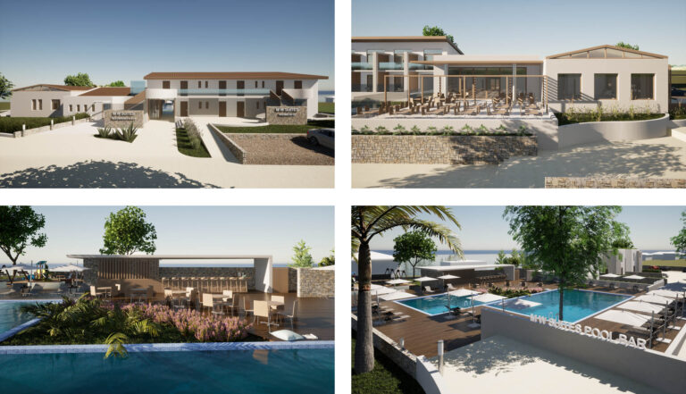 Κολάς εικόνων με εξωτερικές απόψεις από τα κτίρια διαμονής, εστίασης και ρεσεψιόν καθώς και οι εξωτερικές πισίνες