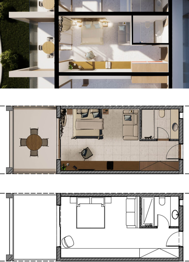 Κάτοψη δωματίου της ξενοδοχειακής μονάδας σε τρία στάδια επεξεργασίας. Γραμμικό σχεδιο, χρωματική κάτοψη με υλικά και τρισδιάστατη κάτοψη