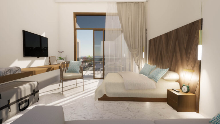 Φωτορεαλιστική απεικόνιση του εσωτερικού του δωματίου του ξενοδοχείου με θέα την θάλασσα. Στο δωμάτιο επικρατούν οι γήινες αποχρώσεις και γαλάζιες λεπτομέρειες.