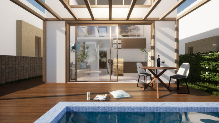 Απεικόνιση της ιδιωτικής πισίνας και του ξύλινου ντεκ σε μία εκ των σουιτών.