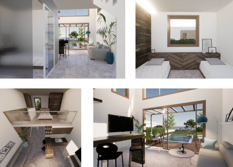 Κολάζ από εσωτερικά render της σουίτας στα οποία παρουσιάζεται ο χώρος της εισόδου, το υπνοδωμάτιο του ισογείου, το καθιστικό με την κουζίνα και το πατάρι με το κυρίως υπνοδωμάτιο.