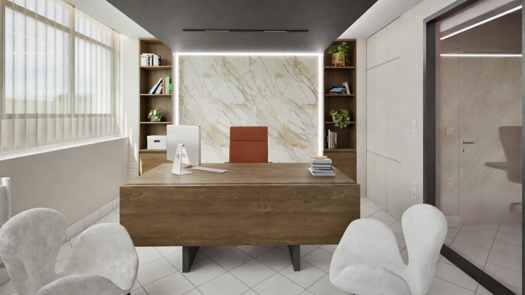 Φωτορεαλιστικό γραφείου διευθυντή. Σχεδιασμός κεντρικών γραφείων κατασκευαστικής εταιρείας.