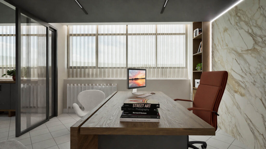 Φωτορεαλιστικό γραφείου διευθυντή. Σχεδιασμός κεντρικών γραφείων κατασκευαστικής εταιρείας.