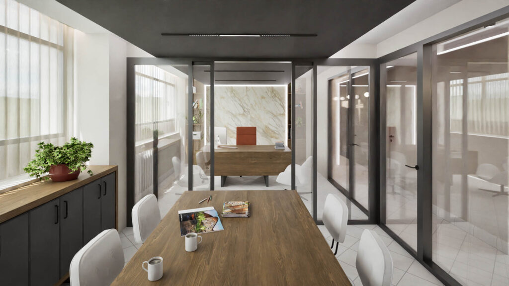 Φωτορεαλιστικό γραφείου συσκέψεων και διευθυντή. Σχεδιασμός κεντρικών γραφείων κατασκευαστικής εταιρείας.