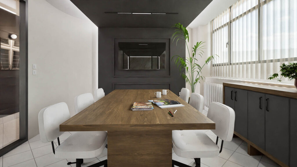 Φωτορεαλιστικό γραφείου συσκέψεων. Σχεδιασμός κεντρικών γραφείων κατασκευαστικής εταιρείας.