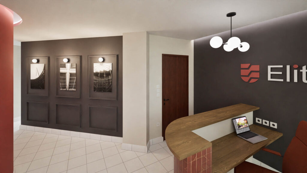 Φωτορεαλιστικό χώρου υποδοχής. Σχεδιασμός κεντρικών γραφείων κατασκευαστικής εταιρείας.