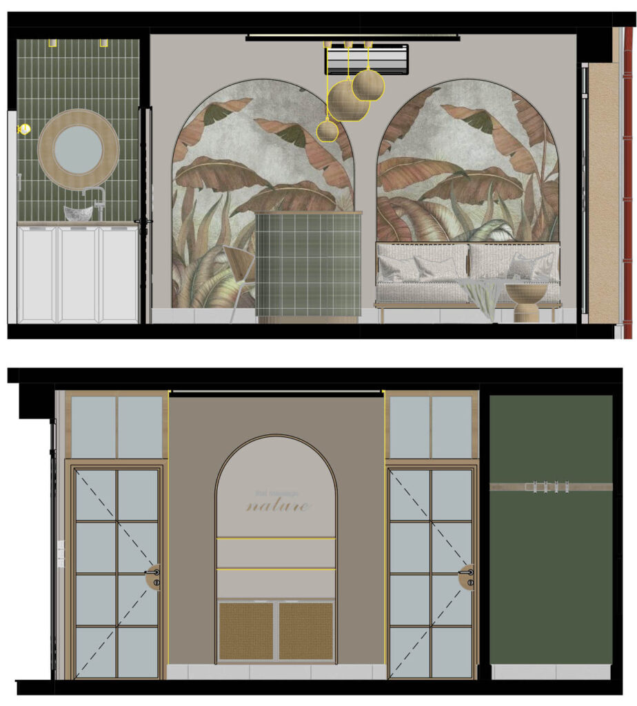 Γραμμικές όψεις του χώρου υποδοχής του ισόγειου καταστήματος μασάζ και κέντρου ευεξίας Nature Thai Massage, όπου παρουσιάζεται η επίπλωση, οι χρωματικές επιλογές και η επιλογή υλικών του χώρου.