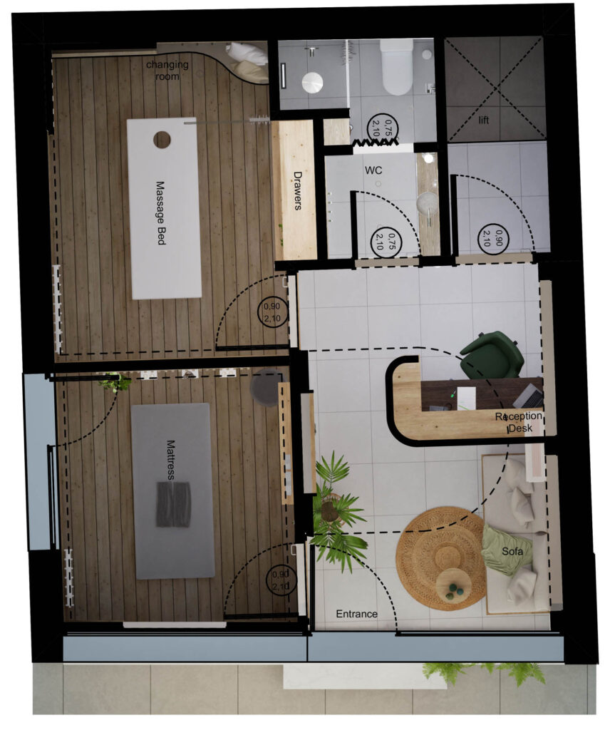 Γραμμική κάτοψη του ισόγειου καταστήματος μασάζ και κέντρου ευεξίας Nature Thai Massage, όπου παρουσιάζεται η επίπλωση, οι χρωματικές επιλογές και η επιλογή υλικών του χώρου.