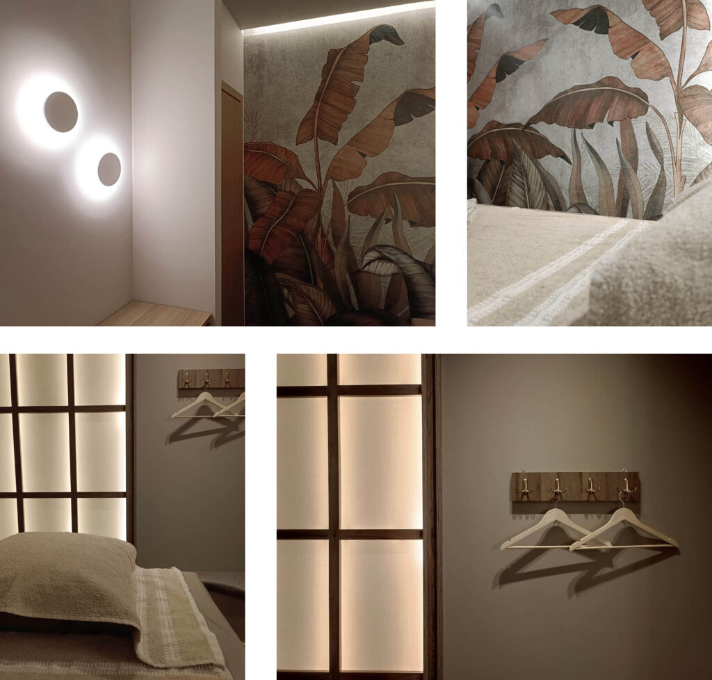 Κολάζ φωτογραφιών από την αίθουσα μασαζ που απεικονίζονται σημεία όπως ο τοίχος με την ταπετσαρία, τα φωτιστικά, μια κατασκευή με κρυφό φωτισμό και το στρωμένο κρεβάτι για μασαζ