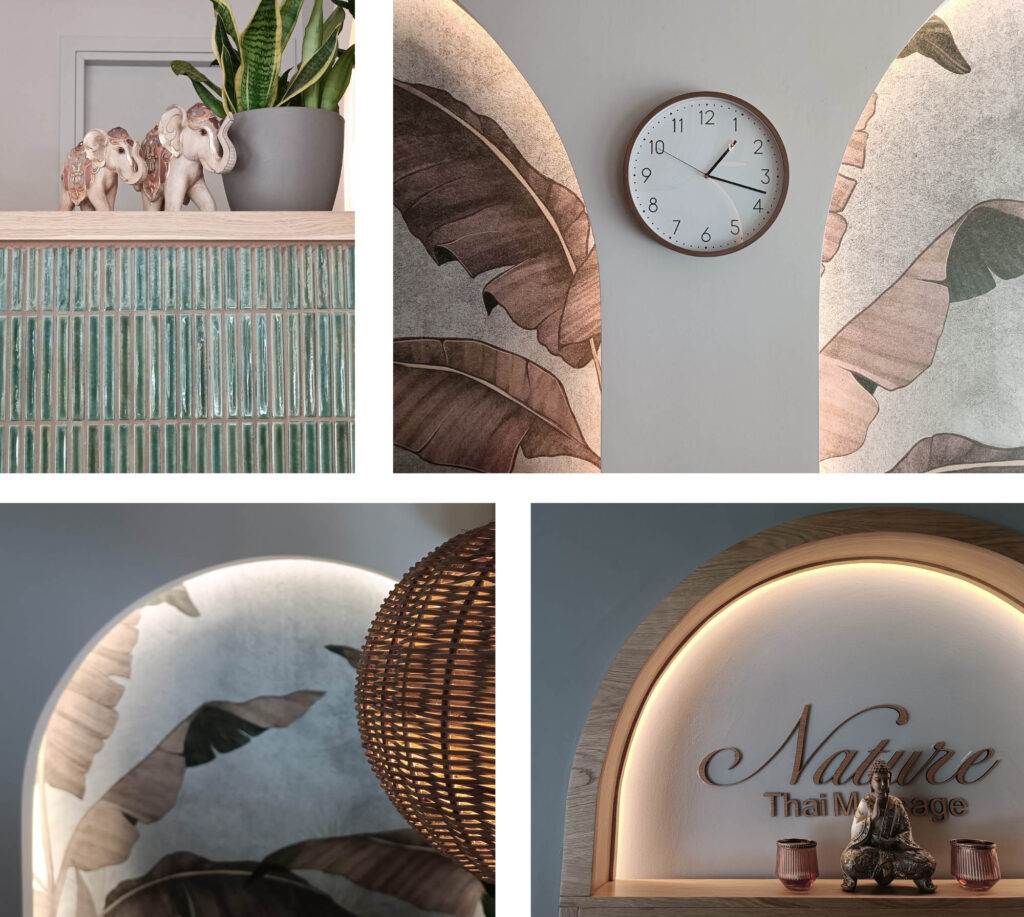 Φωτογραφίες με λεπτομέρειες από τα υλικά και τις κατασκευές του Nature Thai Massage.