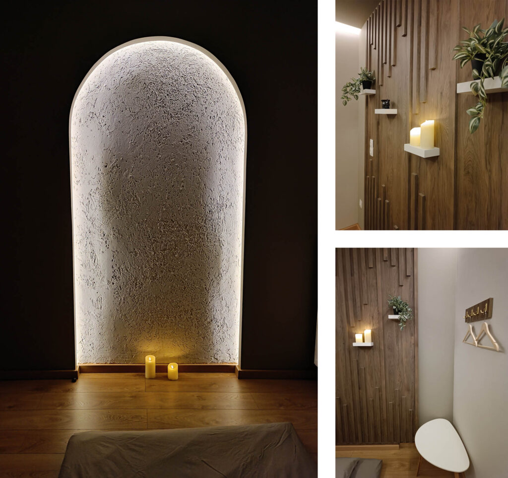 Φωτογραφικό κολλάζ από το δωμάτιο για tai massage στο κέντρο ευεξίας Nature Thai Massage. Στον ένα τοίχο υπάρχει καμάρα με κρυφό φωτισμό και ανάγλυφη τεχνοτροπία ενώ στον απέναντι τοίχο υπάρχει ξύλινη κατασκευή με πηχάκια και ράφια.