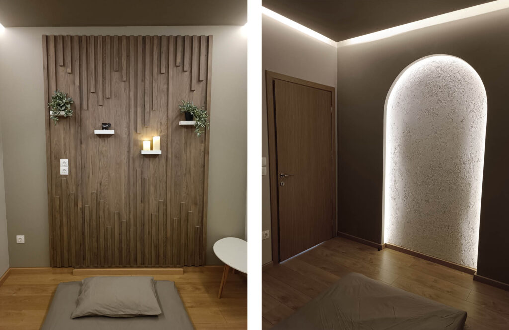 Φωτογραφικό κολλάζ από το δωμάτιο για tai massage στο κέντρο ευεξίας Nature Thai Massage. Στον ένα τοίχο υπάρχει καμάρα με κρυφό φωτισμό και ανάγλυφη τεχνοτροπία ενώ στον απέναντι τοίχο υπάρχει ξύλινη κατασκευή με πηχάκια και ράφια.
