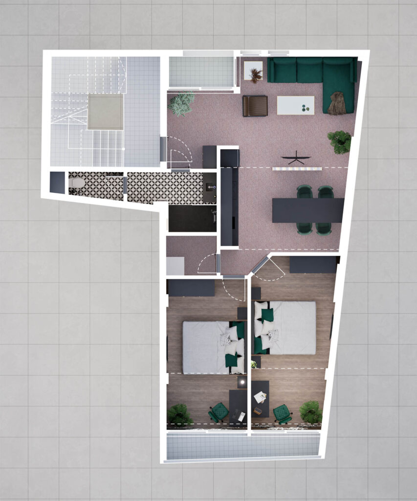 Γραμμική κάτοψη με ενσωμάτωση υλικών και χρωμάτων του σχεδιασμού διαμερίσματος σε βιομηχανικό στυλ στη Θεσσαλονίκη