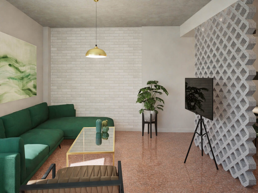 χεδιασμός διαμερίσματος σε βιομηχανικό στυλ με ρετρό διάθεση, έντονα χρώματα και αντιθέσεις. Ο ενιαίος χώρος του σαλονιού και της κουζίνας διαχωρίζονται μέσω τσιμεντένιων κυβόλιθων που λειτουργούν ως κλωστρά.