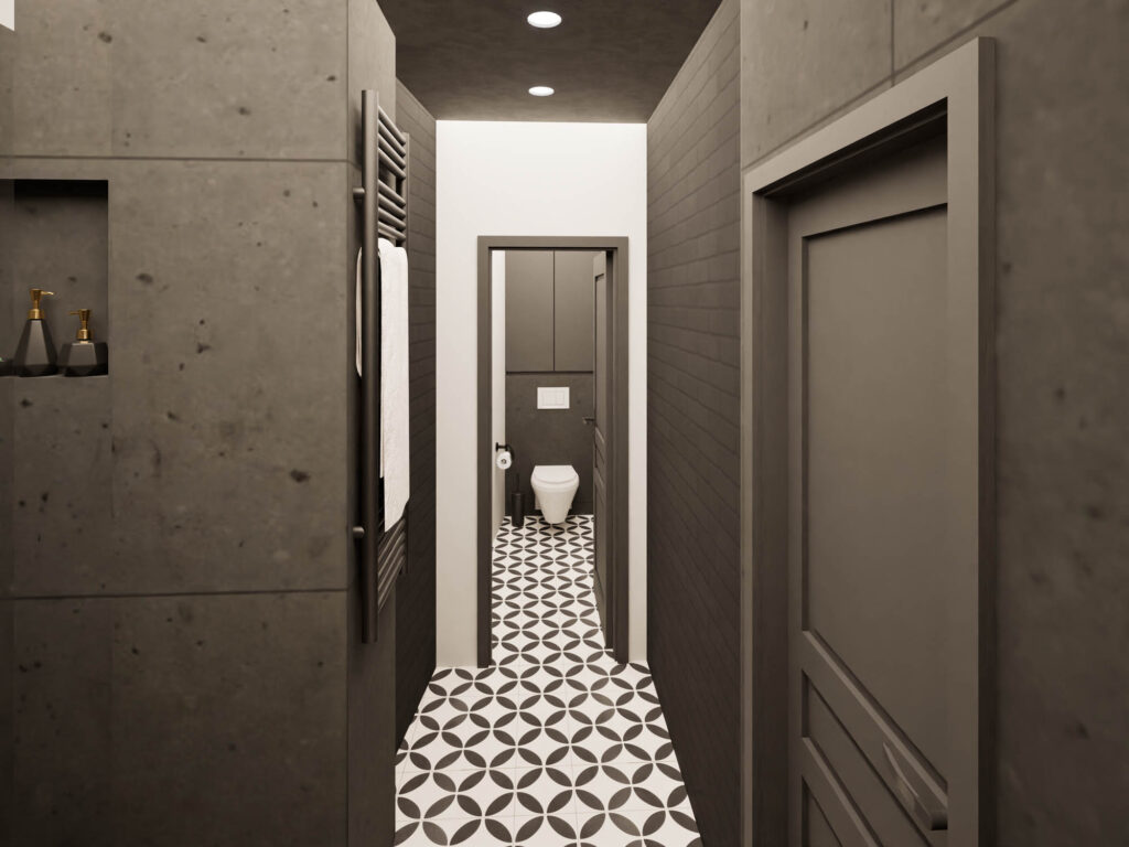 Σχεδιασμός του μπάνιου του διαμερίσματος σε βιομηχανικό στυλ με ρετρό πλακάκι.