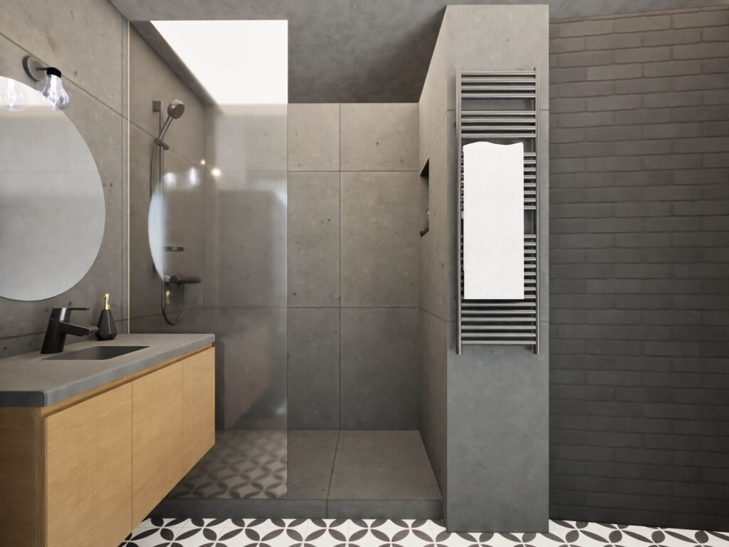 Σχεδιασμός του μπάνιου του διαμερίσματος σε βιομηχανικό στυλ με ρετρό πλακάκι.