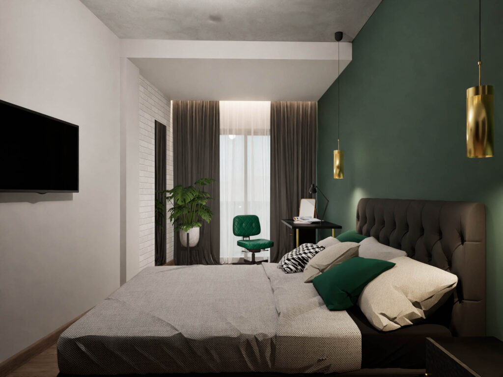 Σχεδιασμός διαμερίσματος σε βιομηχανικό στυλ με ρετρό διάθεση, έντονα χρώματα και αντιθέσεις. Το υπνοδωμάτιο διαθέτει και χώρο γραφείου κοντά στην μπαλκονόπορτα.