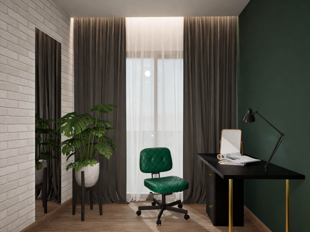 Σχεδιασμός διαμερίσματος σε βιομηχανικό στυλ με ρετρό διάθεση, έντονα χρώματα και αντιθέσεις. Το υπνοδωμάτιο διαθέτει και χώρο γραφείου κοντά στην μπαλκονόπορτα.