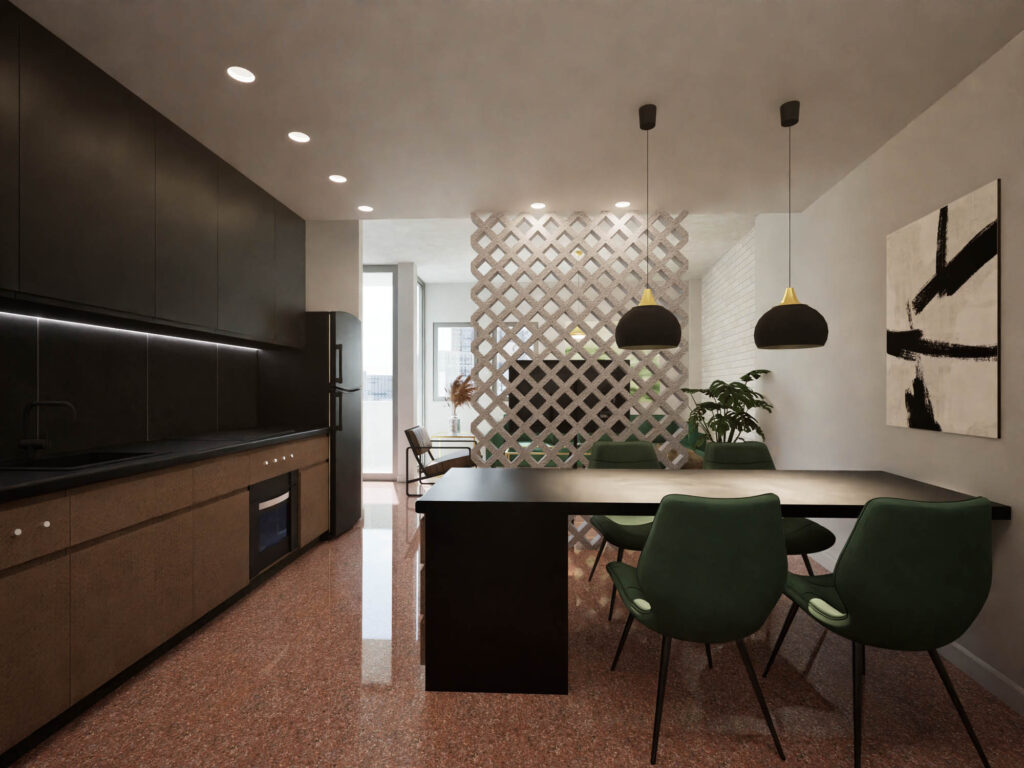 Σχεδιασμός διαμερίσματος σε βιομηχανικό στυλ με ρετρό διάθεση, έντονα χρώματα και αντιθέσεις. Ο ενιαίος χώρος του σαλονιού και της κουζίνας διαχωρίζονται μέσω τσιμεντένιων κυβόλιθων που λειτουργούν ως κλωστρά.