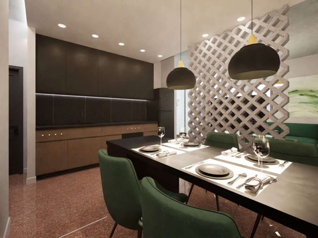 χεδιασμός διαμερίσματος σε βιομηχανικό στυλ με ρετρό διάθεση, έντονα χρώματα και αντιθέσεις. Ο ενιαίος χώρος του σαλονιού και της κουζίνας διαχωρίζονται μέσω τσιμεντένιων κυβόλιθων που λειτουργούν ως κλωστρά.