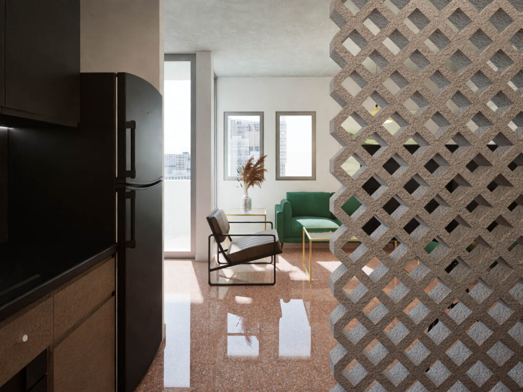 χεδιασμός διαμερίσματος σε βιομηχανικό στυλ με ρετρό διάθεση, έντονα χρώματα και αντιθέσεις. Ο ενιαίος χώρος του σαλονιού και της κουζίνας διαχωρίζονται μέσω τσιμεντένιων κυβόλιθων που λειτουργούν ως κλωστρά.