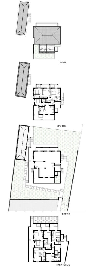 Γραμμικά σχέδια κατόψεων υπογείου, ισογείου, ορόφου και δώματος που παρουσιάζεται η διαμόρφωση ενοικιαζόμενων καταλυμάτων με επανασχεδιασμό υφιστάμενου κτιρίου.