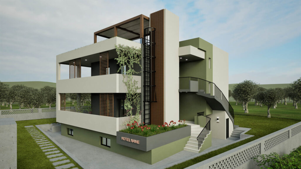 Εξωτερικό φωτορεαλιστικό. Διαμόρφωση ενοικιαζόμενων καταλυμάτων με επανασχεδιασμό υφιστάμενου κτιρίου και ανασχεδιασμό των όψεων και του περιβάλλοντα χώρου.