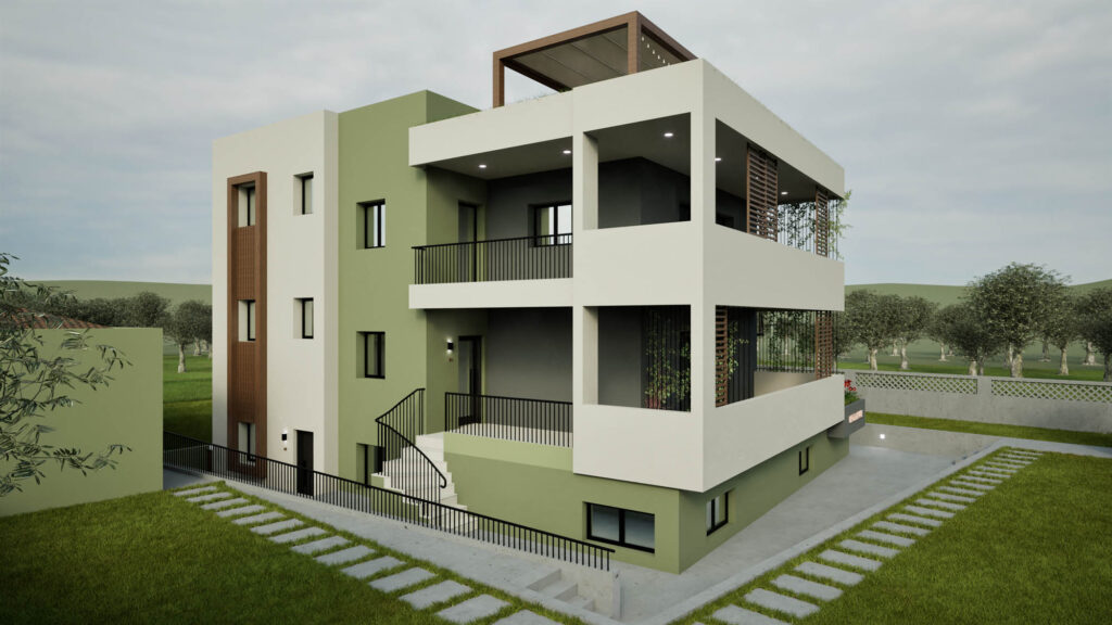 Εξωτερικό φωτορεαλιστικό. Διαμόρφωση ενοικιαζόμενων καταλυμάτων με επανασχεδιασμό υφιστάμενου κτιρίου και ανασχεδιασμό των όψεων και του περιβάλλοντα χώρου.