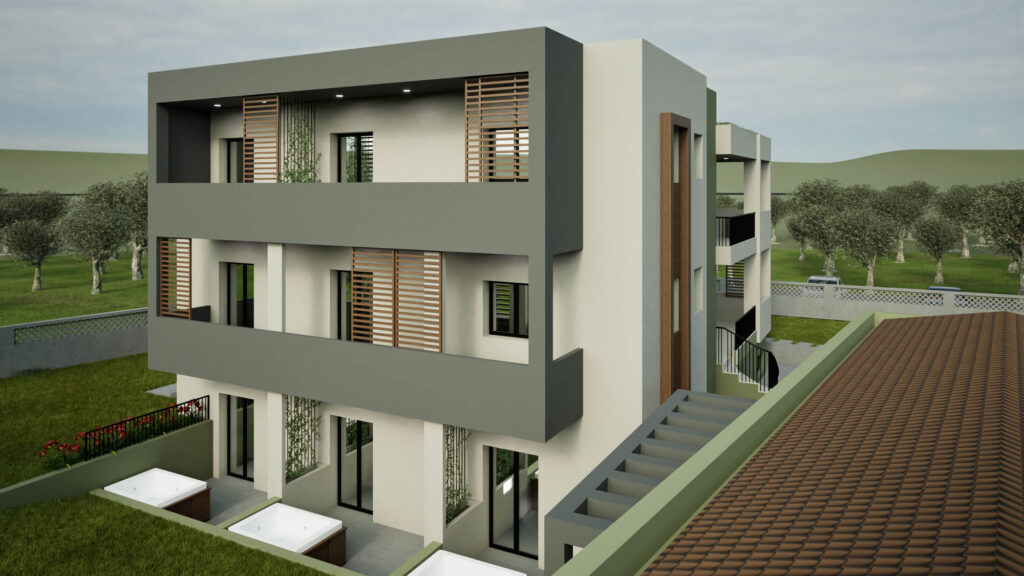 Εξωτερικό φωτορεαλιστικό. Διαμόρφωση ενοικιαζόμενων καταλυμάτων με επανασχεδιασμό υφιστάμενου κτιρίου και ανασχεδιασμό των όψεων και του περιβάλλοντα χώρου.