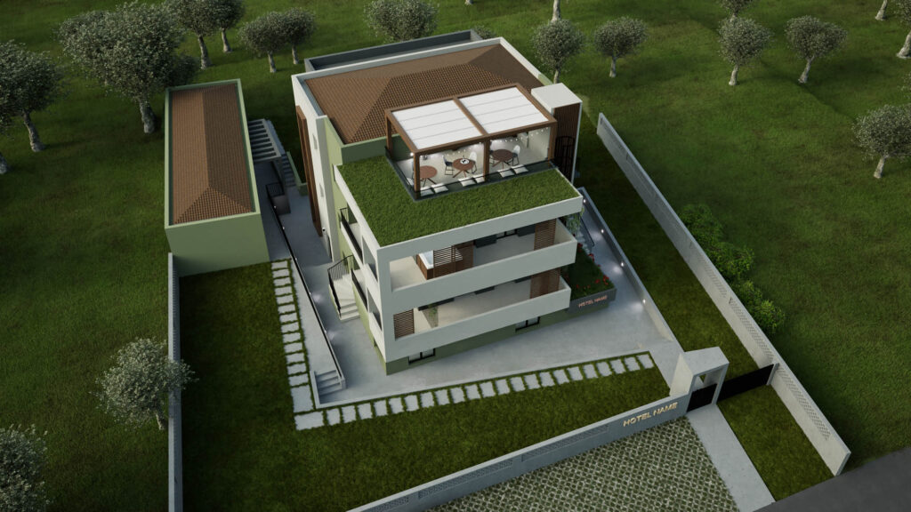 Εξωτερικό φωτορεαλιστικό. Διαμόρφωση ενοικιαζόμενων καταλυμάτων με επανασχεδιασμό υφιστάμενου κτιρίου και ανασχεδιασμό των όψεων και του περιβάλλοντα χώρου.